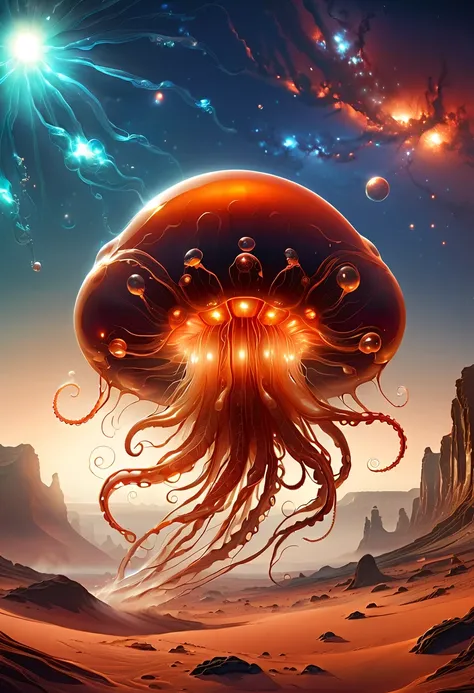 Imagine the scene on the surface of Mars，filled with red rocks and sand dunes。in this desolate land，A group of jellyfish-like and more complex alien creatures are exploring uncharted territories。Their bodies are translucent，radiating a soft，A stark contras...