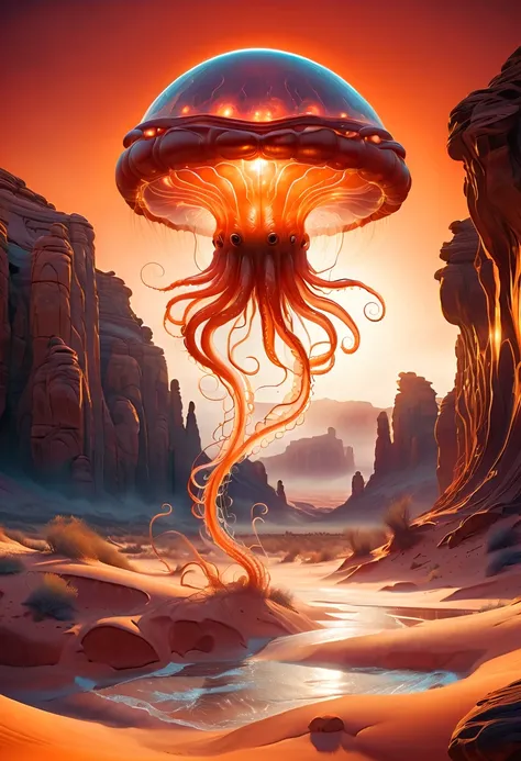 Martian landscape, alien jellyfish-like creatures, translucent bodies, soft glowing, exploring, red rocks, sand dunes, tentacles, orange-red sky, dim sunlight, mysterious, dreamlike, photo real, Shot on a 50mm lens, classic composition, masterpiece, exquis...