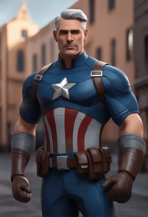 Male cartoon character, Pixar inspired, 41 years old, with semi-thick lips and a harmonious complexion., with brown eyes, Navy Blue Captain America Shield T-Shirt, Gray hair with bun modern animation style rendering, ..3d.