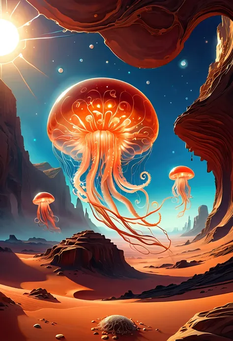 Imagine a scenario，The surface of Mars is covered with red rocks and sand dunes，in this desolate scene，A group of jellyfish-like creatures explore this uncharted territory。Their bodies are translucent，Exudes a soft glow，A stark contrast to the surroundings...