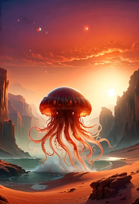 Imagine a scenario，The surface of Mars is covered with red rocks and sand dunes，in this desolate scene，A group of jellyfish-like creatures explore this uncharted territory。Their bodies are translucent，Exudes a soft glow，A stark contrast to the surroundings...