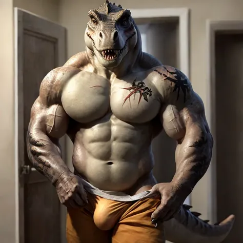 T-rex, Tyrannosaurus, Scales, Dinosaur Claws, Dinosaur Tail, Changing Clothes, Bedroom, Removing Clothes, Naked, T-shirt on hand, Clothes on floor, Muscular, Big Pecs, Pectoral Muscles: 1.1, Muscles: 3, Looking at camera, Open Mouth, Dinosaur teeth, Correc...