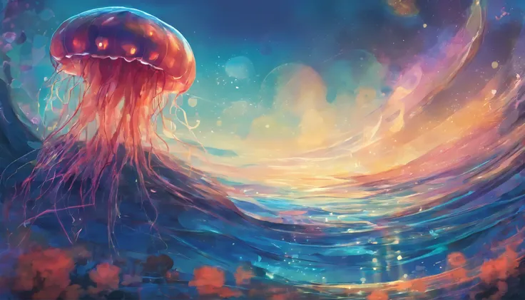 A jellyfish in the big blue ocean, Ghibli-like colours, Hyperrealism, Abstractionism, depth of field, cinematic lighting, glowing light, ray tracing, Fujicolor, Wide-Angle, bokeh, super detail, high details, super detail, best quality, highres, HD