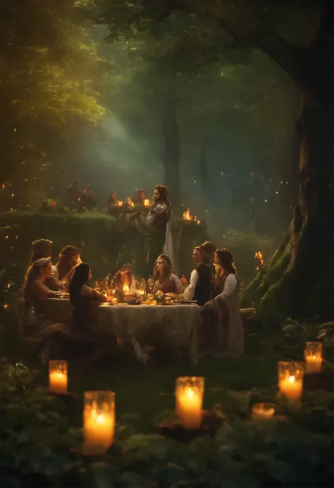 Large elves party with many participants in the forest, elves, tables, banquets, wood fire, Very bright colors, Light particles, with light glowing, Mshiff, wallpaper art, UHD wallpaper, ultra detailed, perfect elves faces, dancing characters, 2 horses wit...