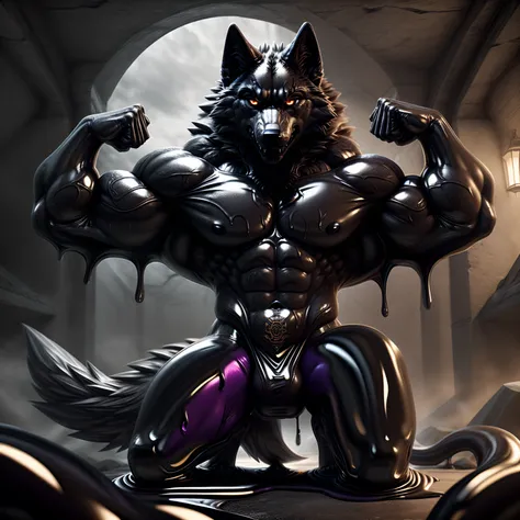 A muscular wolf, ((glowing purple snake eyes)), (((dark purple latex skin))), ((flexing himself)) in a nest dripping endless goo. (((glowing purple tribal tattoo)))), exposing its strength and power. ((((The wolfs body is covered in shiny latex)))). The at...