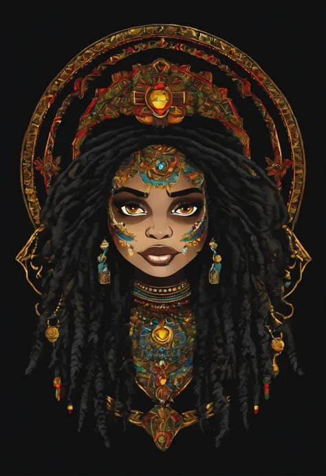 t-shirt art, 2D, ((black background :1, 5)), vector, vivid colors, chibi rasta outfit character, masterpiece, best quality, intricate details, perfect symmetrical face, realistic details, gothic theme, rim light, moonlight, cinematic shading, Greg Rutkowis...