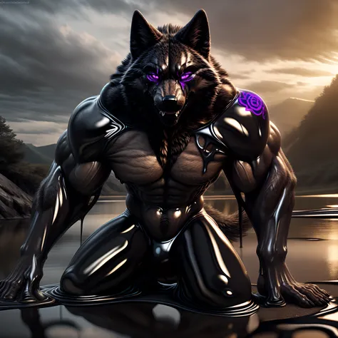 a muscular wolf, ((glowing purple snake eyes)), (((purple latex skin))), ((showing off his thigh)) in a ((goo lake)). (((glowing...