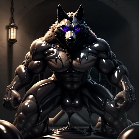 Front view, a muscular wolf, Standing straight, grinning, ((glowing purple eyes)), (((purple latex skin))), dripping all over the body, thick thigh, in a ((goo lake)), arms chests thighs, (((more glowing purple tribal tattoo))), exposing its strength and p...