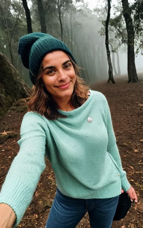 Fotografia, foto de mulher bonita, selfie, tronco, Sozinho, wearing pullover, ao ar livre, (noite), montanhas, natureza da vida real, estrelas, Lua, alegre, feliz, luvas, sweater, gorro, floresta, pedras, rio, Madeira, smoke, fog, olhando para o espectador...