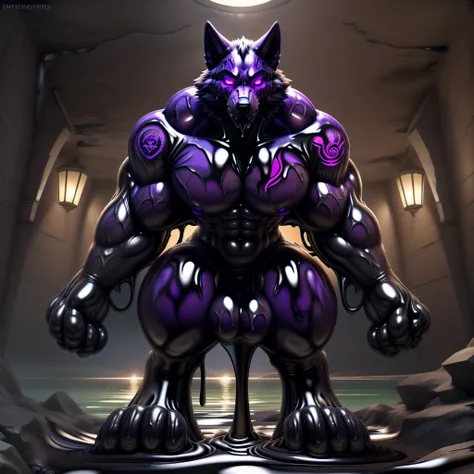 front view, sfw, a muscular wolf, standing straight, grinning, ((glowing purple eyes)), (((purple latex skin))), (((more glowing...