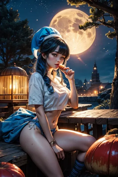 masterpiece, best quality, Smurfette, female smurf, white blouse, eating  cake, sitting on a giant red mushroom, night, full blue moon, 8k, fine details, magical