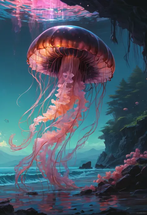 Jellyfish by Alena Aenami, best quality, masterpiece, Representative work, official art, Professional, Ultra intricate detailed, 8k