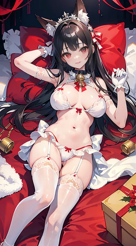 high quality, masterpiece, Super detailed, 1 girl,  Extremely detailed faces, Christmas white lace latex bikini，white gloves，White Christmas stockings，red lantern，red christmas carpet，Maid tiara，BDSM,handcuffs，collar，calm expression,Smile，handcuffs，collar，...