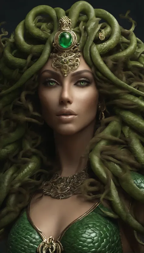 ((best quality)), ((masterpiece)), ((realistic)), Medusa, full body, the hair is composed of countless small snakes, green eyes, female face, metal carved top, royal aura, trend on artstation , sharp focus, studio photo, intricate detail, very detailed, de...