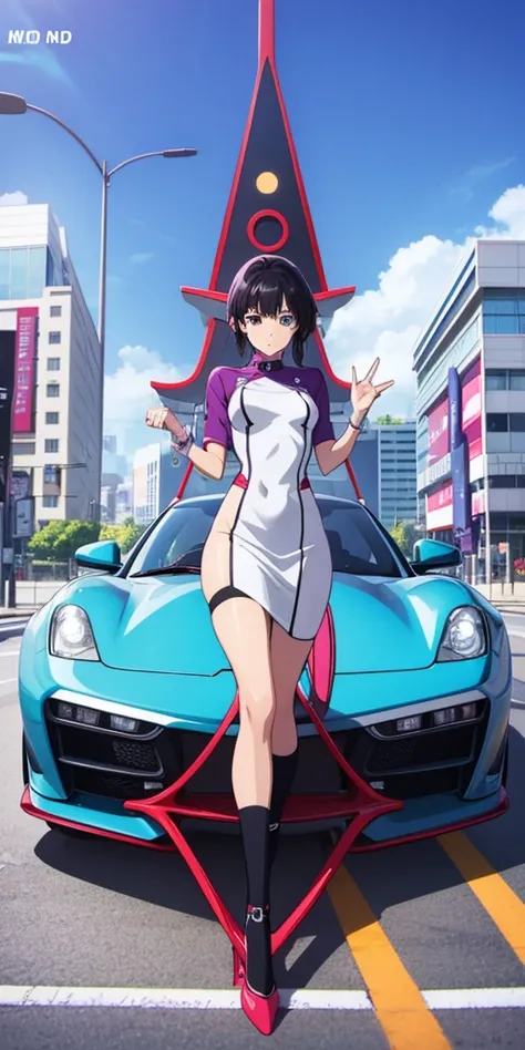 purple car with a girl standing on top of it in front of a building, initial d anime screenshot, 9 0 s anime aesthetic, art deco outrun anime aesthestic, initial d anime, initial d anime 1 0 8 0 p, initial d, lofi artstyle, anime movie screenshot, anime mo...