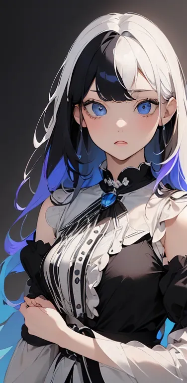 (8K、highest quality、masterpiece:1.2)、Super detailed、super resolution、Realistic、1girl、(two-color hair, black and white:1.5)、blue eyes、(eye focus:1.3,face focus:1.3,upper body:1.5),(gradient eyes:1.3),(blouse,No sleeve:1.3)、(clear face:1.3),cute face,small b...