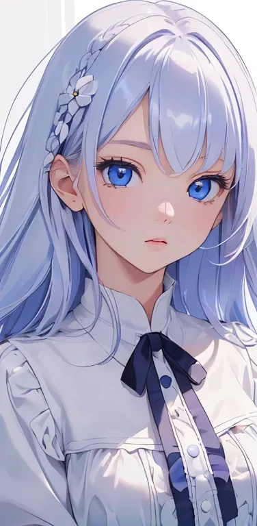 (8K、highest quality、masterpiece:1.2)、Super detailed、super resolution、Realistic、1girl、(two-color hair, white:1.5)、blue eyes、(eye focus:1.3,face focus:1.3,upper body:1.5),(gradient eyes),(blouse:1.3)、(clear face:1.3),cute face,small breasts,portrait,
