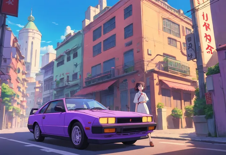 purple car with a girl standing on top of it in front of a building, initial d anime screenshot, 9 0 s anime aesthetic, art deco outrun anime aesthestic, initial d anime, initial d anime 1 0 8 0 p, initial d, lofi artstyle, anime movie screenshot, anime mo...