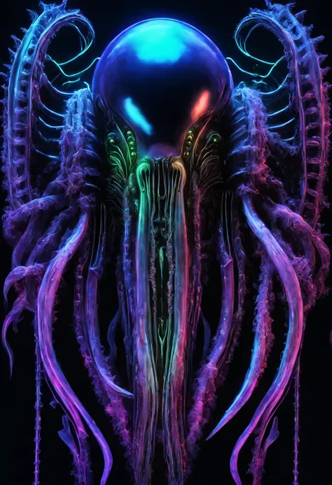 bioluminescent sea creatures, deep ocean exploration, jellyfish and corals glowing, (H.R. Giger:0.8, neon colors:1.2, dark aquatic ambiance:1.3), (Best quality:1.5, masterpiece:1.5).