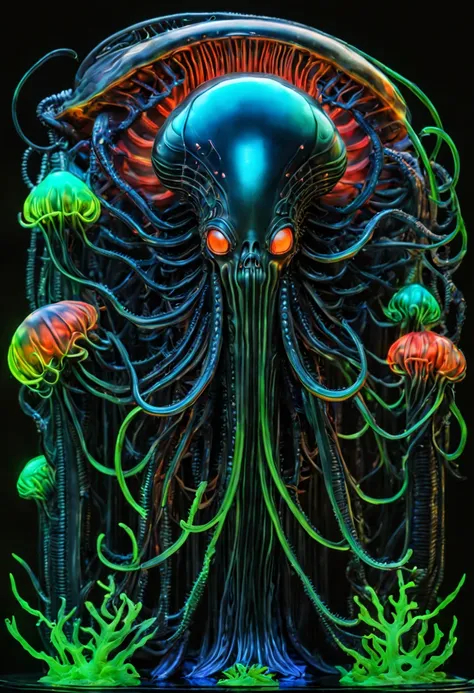 bioluminescent sea creatures, deep ocean exploration, jellyfish and corals glowing, (H.R. Giger:0.8, neon colors:1.2, dark aquatic ambiance:1.3), (Best quality:1.5, masterpiece:1.5).