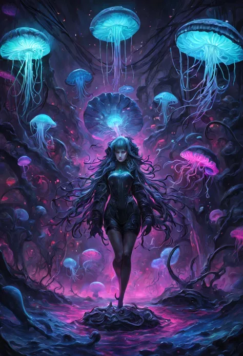 bioluminescent sea creatures, deep ocean exploration, jellyfish and corals glowing, (H.R. Giger:0.8, neon colors:1.2, dark aquatic ambiance:1.3), (Best quality:1.5, masterpiece:1.5).