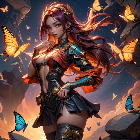 A girl in a fantasy world under the night sky, surrounded by butterflies. She is wearing a micro-miniskirt and a g-string, with her underboobs slightly visible. Her outfit is crazy sexy, featuring multiple layers and vibrant colors. The girl has erect nipp...