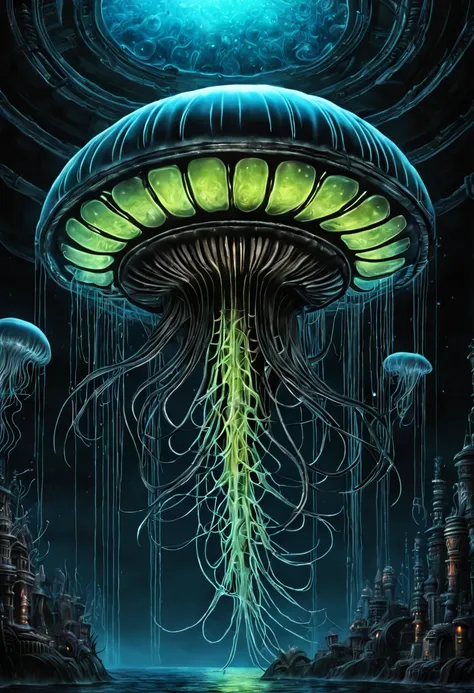 bioluminescent sea creatures, deep ocean exploration, jellyfish and corals glowing, (H.R. Giger:0.8, neon colors:1.2, dark aquatic ambiance:1.3), (Best quality:1.5, masterpiece:1.5).