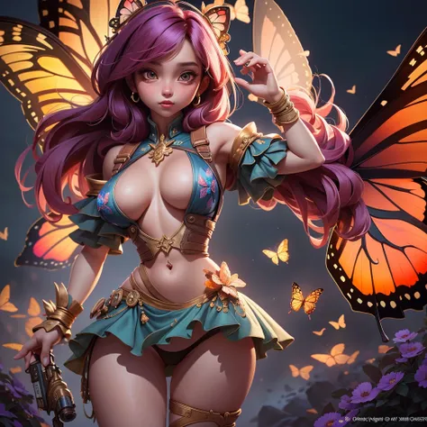 A girl in a fantasy world under the night sky, surrounded by butterflies. She is wearing a micro-miniskirt and a g-string, with her underboobs slightly visible. Her outfit is crazy sexy, featuring multiple layers and vibrant colors. The girl has erect nipp...