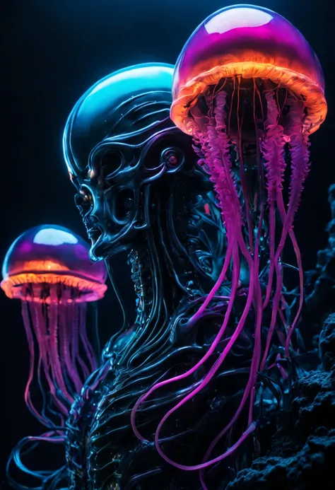 bioluminescent sea creatures, deep ocean exploration, jellyfish and corals glowing, (H.R. Giger:0.8, neon colors:1.2, dark aquatic ambiance:1.3), (Best quality:1.5, masterpiece:1.5).