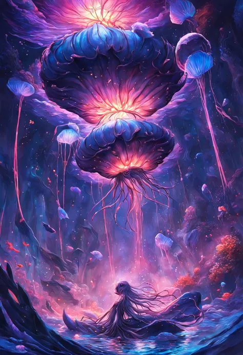 A bioluminescent sea creature illuminates the deep ocean as the waters ripple with otherworldly beauty. Jellyfish and corals emit a soft, ethereal glow, casting a mesmerizing display of light. The scene is reminiscent of the captivating artwork of H.R. Gig...