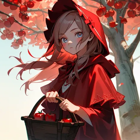 make a girl,little Red Riding Hood,apple basket,trees,detailed eyes,pointed nose