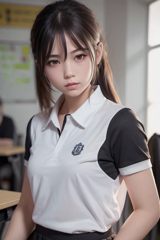 1 girl, re4ashley shot portrait, athletic, black school uniform, white shirt, classroom, volume lighting, highest quality, masterpiece, intricate details, tone mapping, sharp focus, very detailed, Trending at Art Station, realistic, 