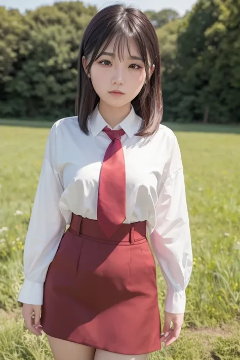 A woman in a red tie is standing in a field, soft portrait shot 8k, young asian woman, Photographed with Canon EOS R5, Photographed with Canon EOS R5, canon eos 5 d mark ivで撮影, portrait shot 8k, Photographed with canon 5d mk4, Photographed with Sony α9, ja...