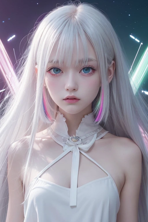 masterpiece, best quality, expensive_quality, expensive_solve, masterpiece*I wore, whitespace, colorful, 1 girl, alone, white_hair, prism hair, [pink|green] eye, gradient eye, multicolored eye, shine eye, shine, Sparkling, shine white particles, wind lift,...