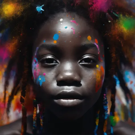 African girl with dreadlocks and a colorful sprinkles on her hair, in the style of abstract versus figurative art, afro-colombian themes, hard edge painting, black and white art, floral explosions, i cant believe how beautiful this is, naturalistic light a...