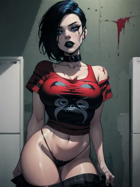 a woman with short black hair, hair on shoulders,  wearing a red t-shirt  and plaid skirt, blue eyes, zombie art, gothic art, cute aesthetic with vibe, toon aesthetic, wearing red costume, wearing gothic accessories, look like Cassie Hack, upper body, horr...