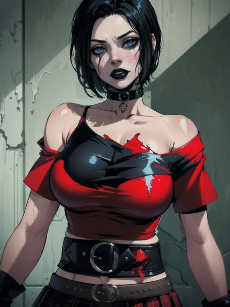 a woman with short black hair, hair on shoulders,  wearing a red t-shirt  and plaid skirt, blue eyes, zombie art, gothic art, cute aesthetic with vibe, toon aesthetic, wearing red costume, wearing gothic accessories, look like Cassie Hack, upper body, horr...