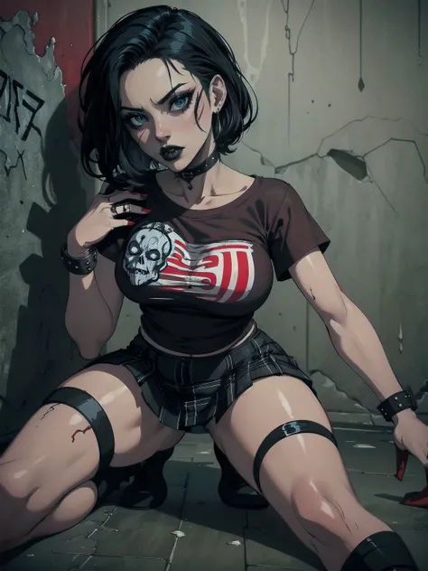 a woman with short black hair, hair on shoulders,  wearing a red t-shirt  and plaid skirt, blue eyes, zombie art, gothic art, cu...