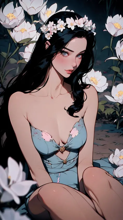 hyper-realistic  of a mysterious woman with flowing black hair, piercing opal eyes, and a delicate floral crown, delicate smile,  whole body, sitting on the ground, white flowers arround, butterflies