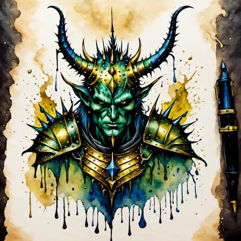 Devil with wicked horns and spikes wearing Spiked armour which is gold with blue and yellow cross pattern and multi olive-green belts and covered in spikes and spines and sharp things, ink art style