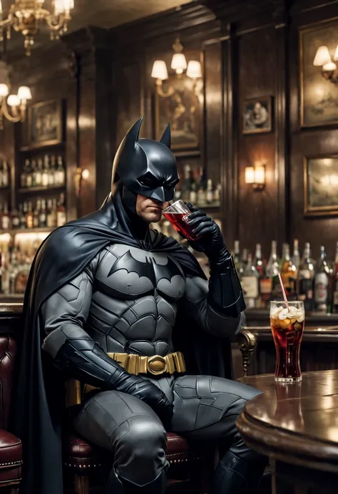 Batman sitting and drinking a coke in a elegant Bar, high resolution, high quality, 8k, masterpiece, ultra detailed