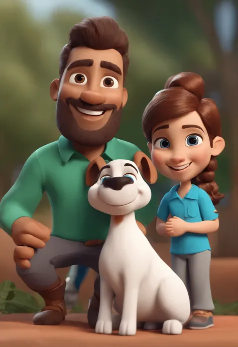 Cartoon character of a man with navy blue prescription glasses, Pele clara, Medium-sized brown beard, Modern short hair arranged next to dark brown color and a blue shirt writing agronomy at pocket length next to a smiling hair and a also smiling goat with...