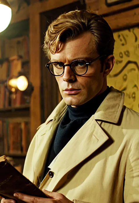 Harry Palmer. close up. Fair haired with 1960s spectacles. 1860s suit under a light coloured tenchcoat. reading a secret file.The retro spy hideout should evoke the ambiance of a classic Cold War setting, with vintage furniture, retro gadgets, and a sense ...