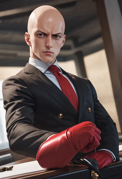 (masterpiece), ultra detailed, photoreal, saitama from one punch man cosplaying as hitman  from agent 47