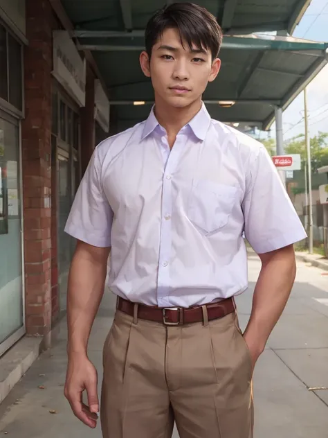 thai man, school uniform, 18 years old, handsome, standing in front of the school.