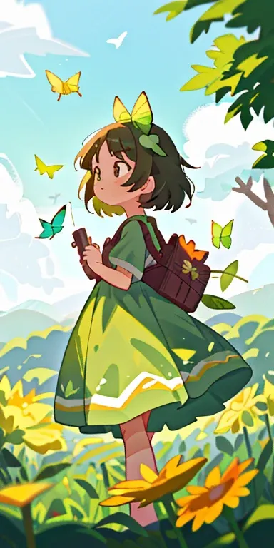 Alto detalhe, ultra detalhe, 8K, Ultra high resolution A cute and innocent girl, , little  open field, cercado pela beleza da natureza, sol quente respingando sobre ela, wildflowers gently swaying in the breeze. Butterflies and birds fly around you, increa...