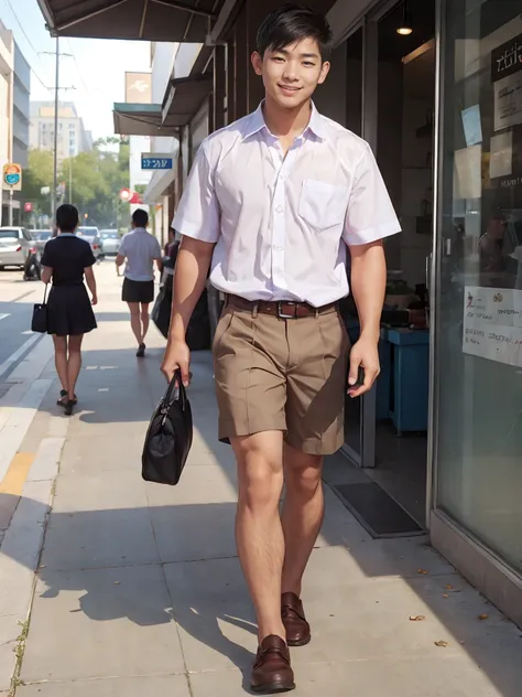 thai man, school uniform, 18 years old, handsome, smiling, takes off his shirt, carries a black bag. walking in front of the sch...