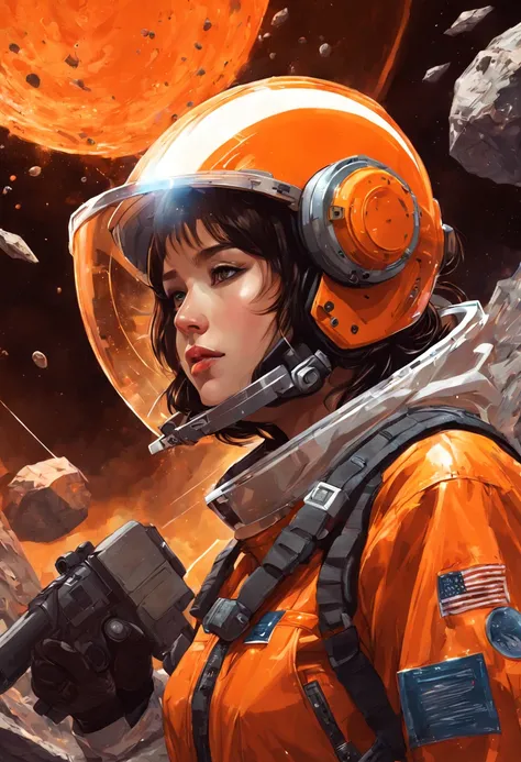 Brunette woman in a tight, dirty orange spacesuit enclosed within a clear helmet, wielding a mining laser with asteroids fragmenting in her vicinity, capturing the essence of space mining, chaos, and ruggedness in a digital art piece with high detail and a...