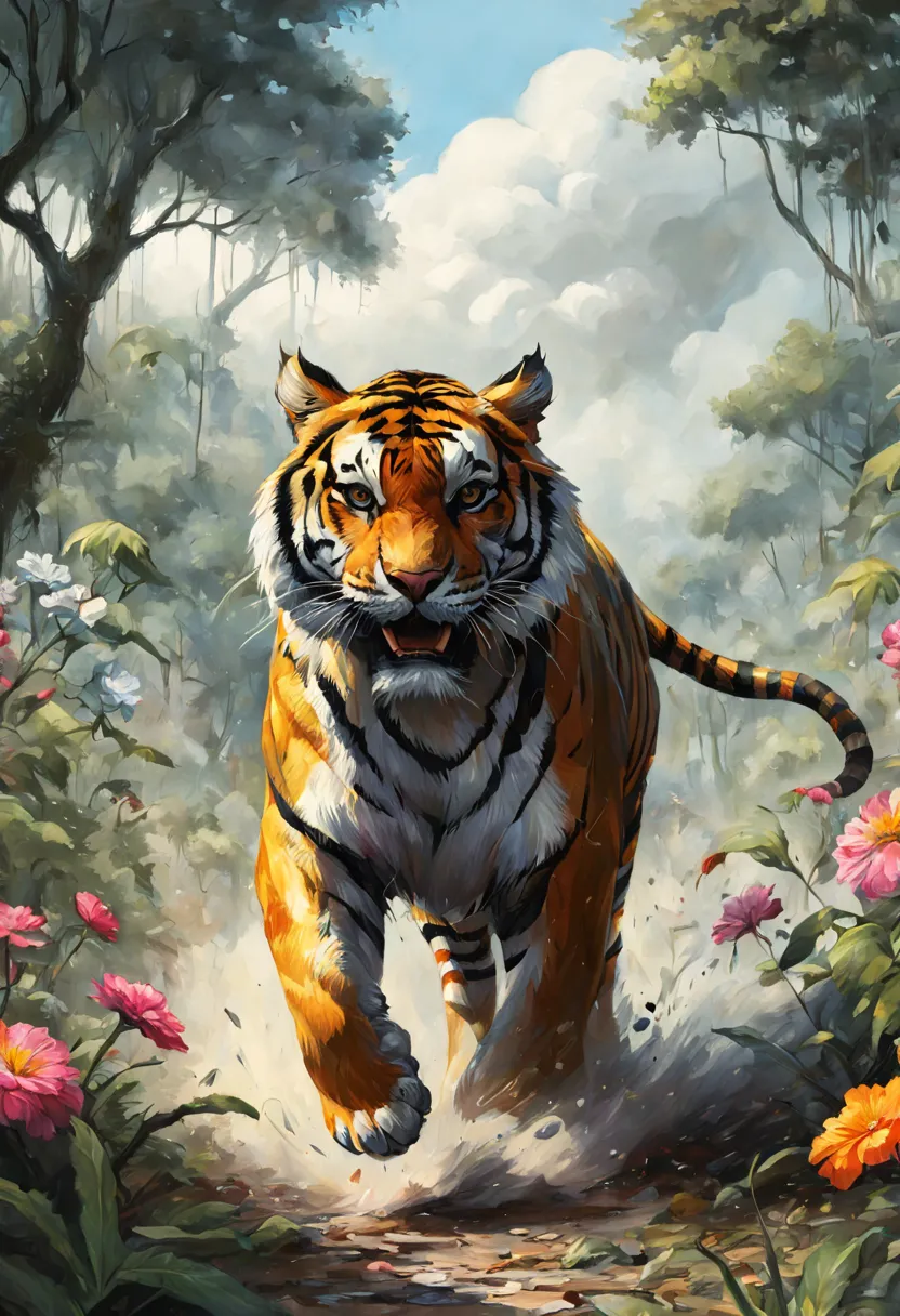 coomplex illustration of a mighty tiger in the jungle very fast  running to the viewer, trees and flower,  in a massive cloud of...