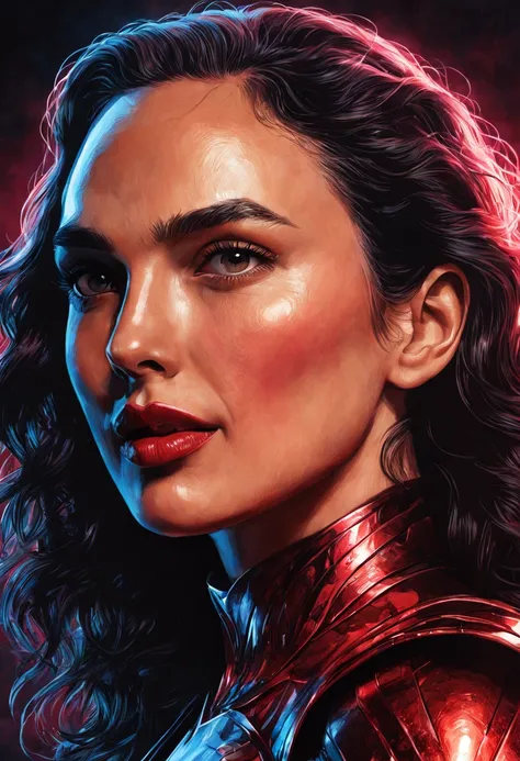 glamorous poster portrait of Gal Gadot, stunning hair, illustration in 90’s era bright colours, duo tone , Bernie Wrightson, Darek Zabrocki, Gabriele Dellotto, Ai Yazawa, Aleksi Briclot,, ultra hd, realistic, vivid colors, highly detailed, UHD drawing, pen...